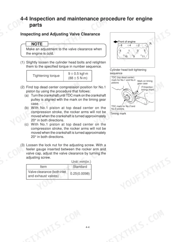 Hyundai Robex36N-7 engine valve clearance adjustment procedure, cylinder head bolt torque, and timing mark diagrams.