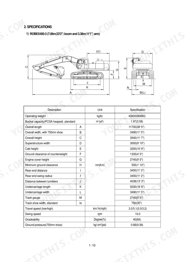 Hyundai R450LC-3, R450-3 excavator dimensions diagram and technical specifications table for 7.06m boom and 3.38m arm.