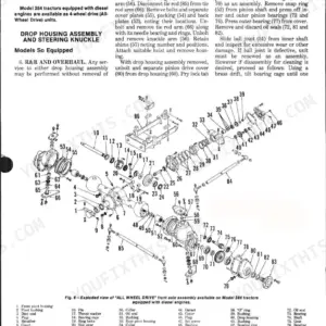 International Harvester 274, 284 exploded view of all-wheel drive front axle assembly, drop housing, and steering knuckle parts.