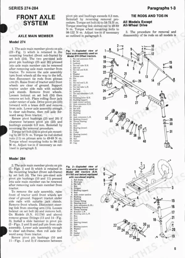 International Harvester 274, 284 front axle system exploded views, removal procedures, and tie rod component diagrams.