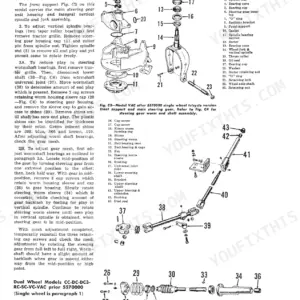 J. I. Case VAC, SC, DC, CC steering gear exploded view, front support assembly, and adjustment procedures for single wheel models.