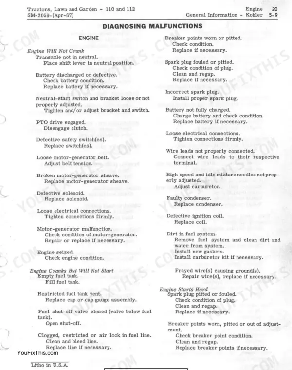 John Deere 110, 112 service manual page for diagnosing engine malfunctions including starting and running issues.