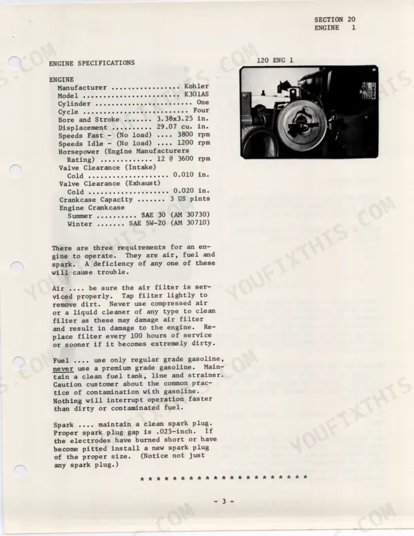 John Deere 120, 140 H1 Kohler K301AS engine specifications table, maintenance requirements for air, fuel, and spark systems.