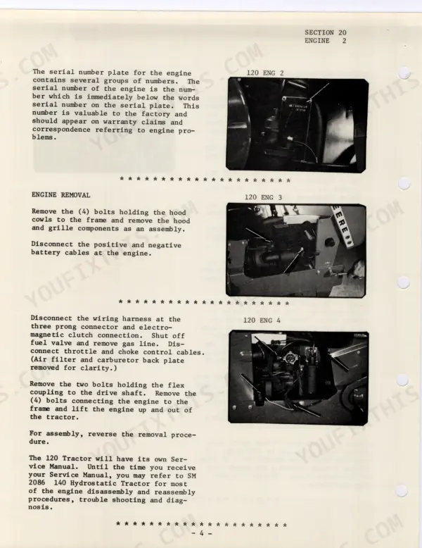 John Deere 120, 140 H1 engine removal procedure, serial number plate location, and engine component disconnection steps.