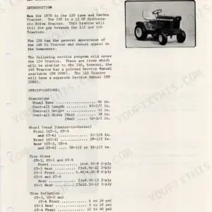 John Deere 120, 140 H1 service manual page showing tractor introduction and specifications table for dimensions, tire sizes, and inflation.