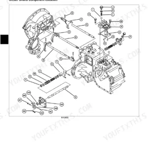 John Deere ProGator 2030 power train exploded view showing shifter shafts and component locations.