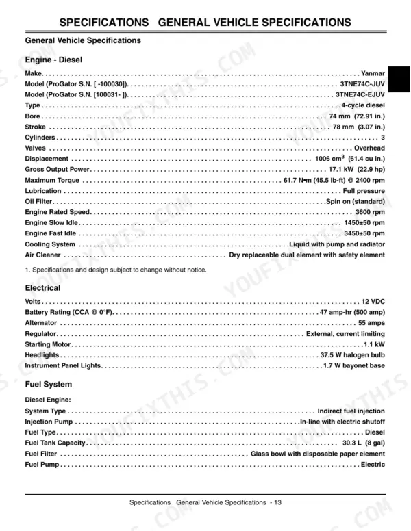 John Deere ProGator 2030 engine, electrical, and fuel system general specifications table.