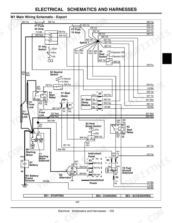 John Deere ProGator 2030 W1 main electrical wiring schematic showing starting, charging, and accessory circuits.