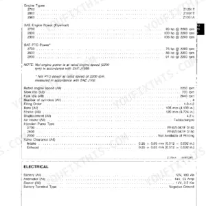 Engine and electrical specifications per model from the John Deere 2700, 2800 and 2900 technical manual