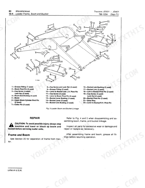 John Deere JD301, JD401 exploded view diagram of loader boom and bucket linkage components with parts list.