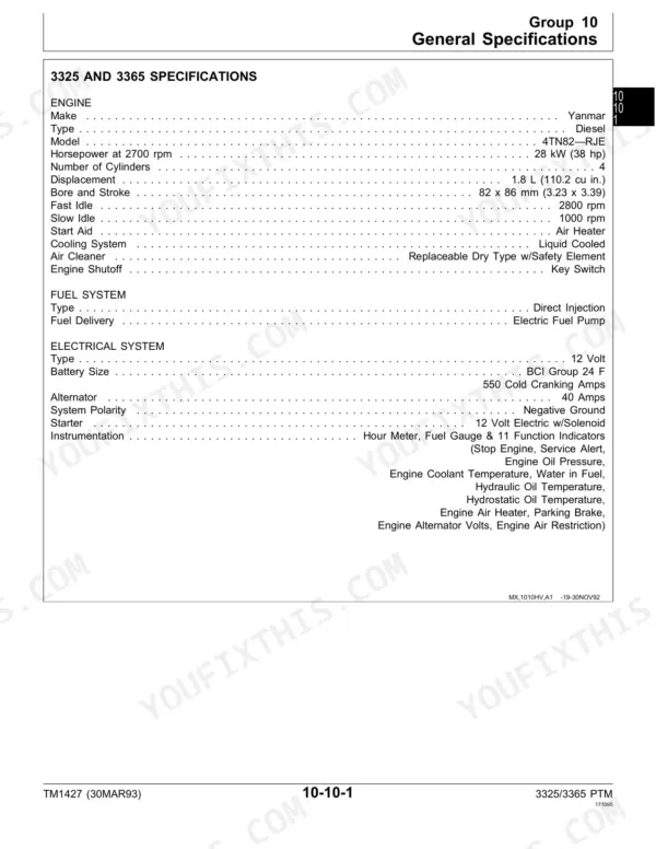 John Deere 3325, 3365 general specifications table for engine, fuel system, and electrical system components.