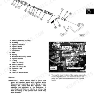 John Deere 355D diesel engine fuel injector exploded view diagram, parts list, and removal procedure steps.
