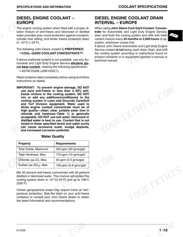 John Deere 355D diesel engine coolant specifications, drain intervals, and water quality requirements table for Europe.