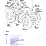 John Deere 5415-5715 electrical component location page with legend for lights, switches, and relays.