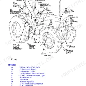 John Deere 5415-5715 electrical component location page with legend for lights, switches, and relays.