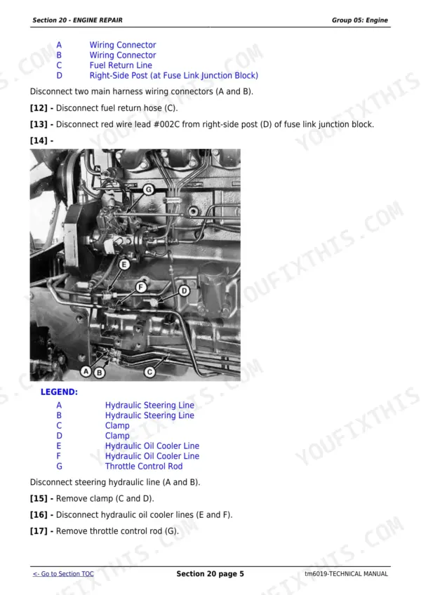 John Deere 5415-5715 engine repair procedure for disconnecting hydraulic lines and throttle rod.