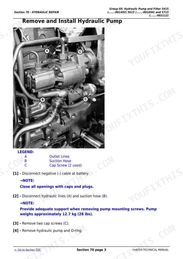 John Deere 5415-5715 hydraulic pump removal and installation procedure with component diagram.