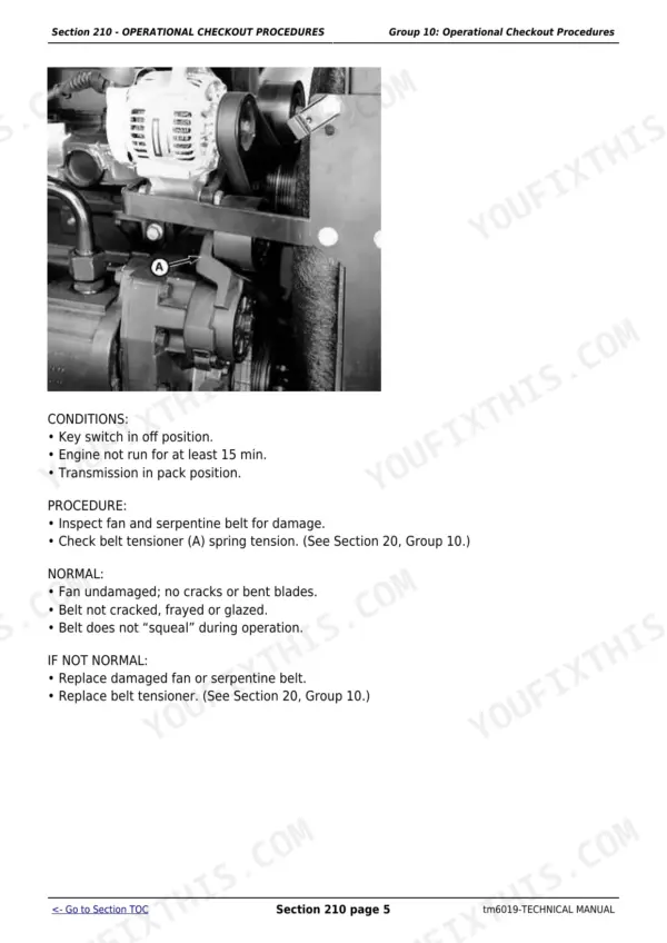 John Deere 5415-5715 fan and serpentine belt inspection and belt tensioner procedure.