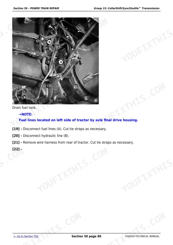 John Deere 5415-5715 fuel line and hydraulic line disconnection procedure diagram.