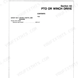 John Deere 550B and 555B technical manual, PTO and winch drive section opener listing the gears, shafts and bearing work, including winch drive shaft removal and installation.