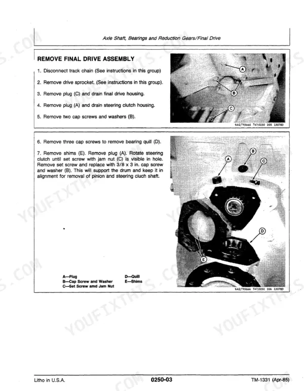 John Deere 550B and 555B technical manual, final drive: removing the final drive assembly after disconnecting the track chain and pulling the drive sprocket.