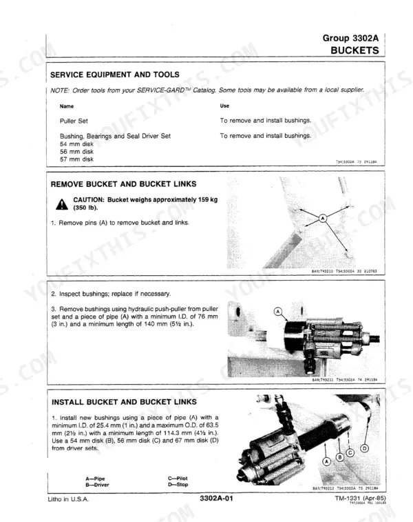 John Deere 550B and 555B technical manual, backhoe buckets: the service equipment and tools list for bucket work, including the puller set used to remove pins.