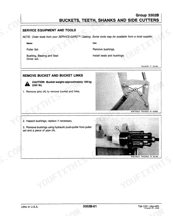 John Deere 550B and 555B technical manual, backhoe buckets, teeth, shanks and side cutters: the service tools called out for replacing wear parts.
