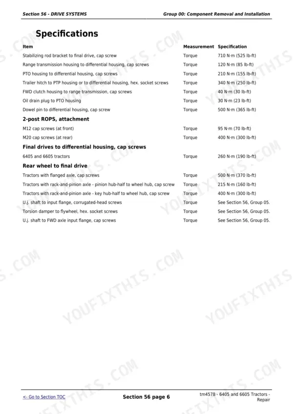 John Deere 6605 drive system specification table listing component torque values in newton metres.