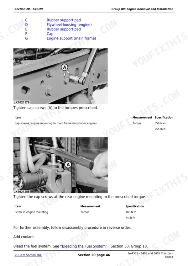 John Deere 6605 engine mounting to main frame with rubber support pads and cap screw torque callouts.
