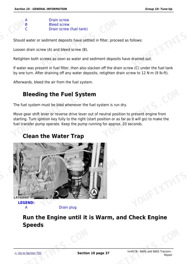 John Deere 6405 fuel filter service showing drain and bleed screw locations for draining water and sediment.