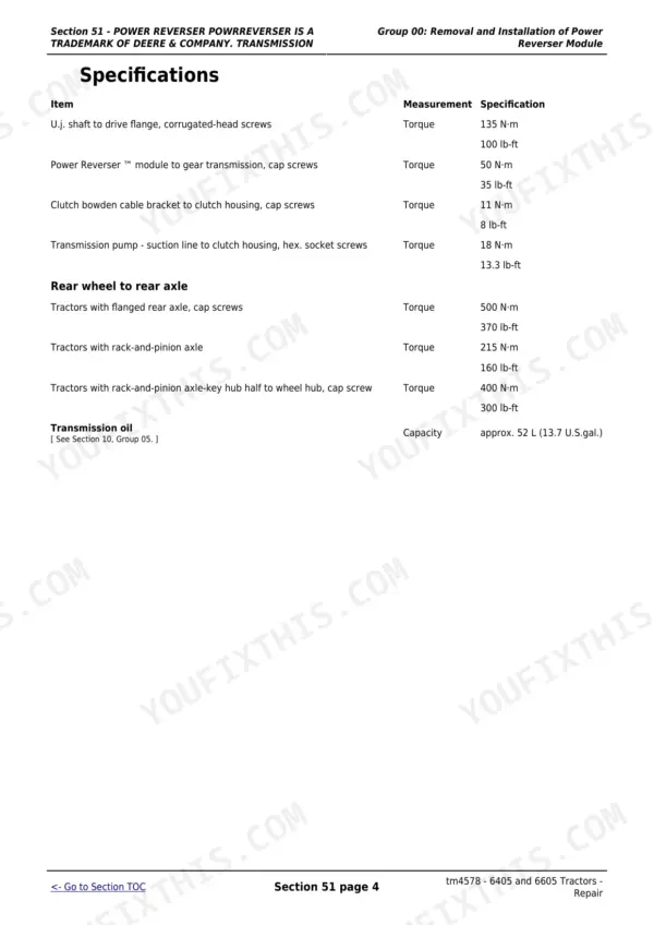 John Deere 6405 Power Reverser module removal and installation page with rear axle cap screw torque values.