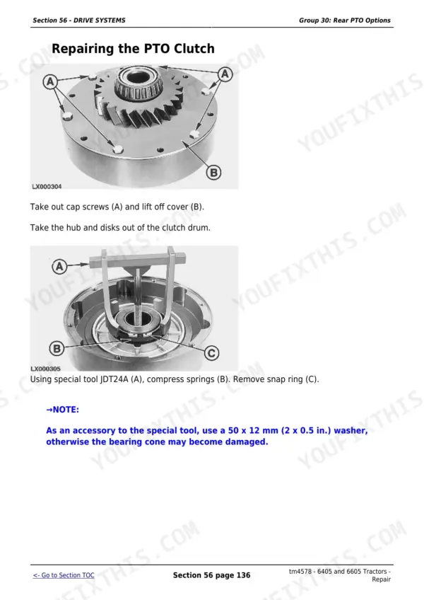 John Deere 6605 rear PTO clutch repair with cover cap screws removed and spring compression tool in place.