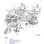 John Deere 6405 open station wiring harness W4 routing diagram with numbered legend for main fuse, load center and starting motor relay.