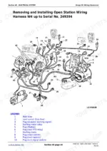 john-deere-6405-6605-repair-manual-6a06c-wiring-harness-diagram-221.webp John Deere 6405 open station wiring harness W4 routing diagram with numbered legend for main fuse, load center and starting motor relay.