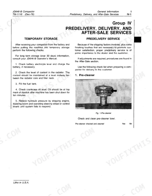 John Deere 646B, JD646-B manual page covering temporary storage procedures and pre-delivery service for the air pre-cleaner.