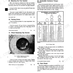 John Deere 646B, JD646-B fuel bleeding, parking brake, wheel cap screw torque procedures, and hardware torque specification chart.