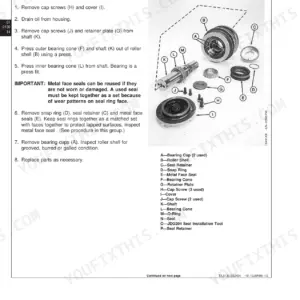 John Deere 750C, 850C carrier roller disassembly and assembly procedure with exploded view diagram and parts list.