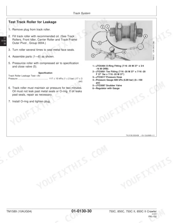 John Deere 750C, 850C track roller leakage test procedure, air pressure specifications, and test equipment diagram.