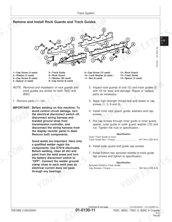 John Deere 750C, 850C exploded view diagram and removal procedure for track system rock guards and track guides.
