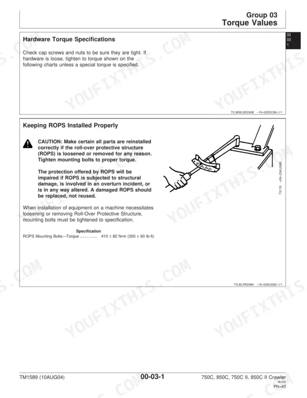 John Deere 750C, 850C torque values for ROPS mounting bolts, including safety procedures for proper installation and maintenance.
