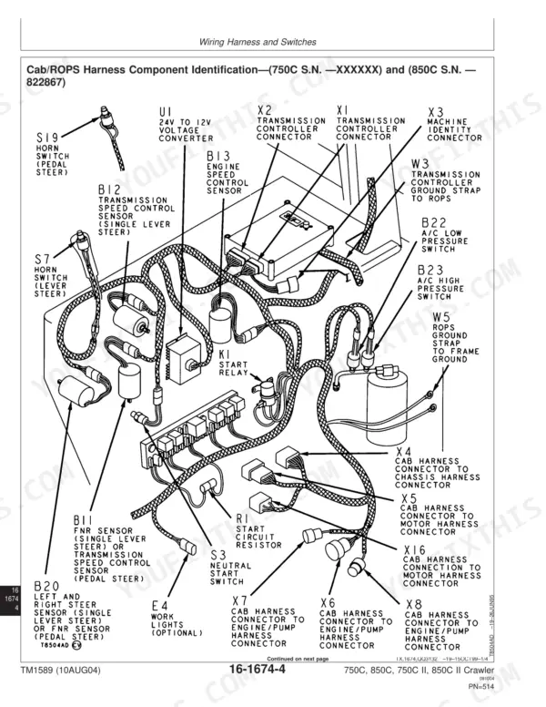 John Deere 750C, 850C wiring diagram showing Cab/ROPS harness component identification, sensors, switches, and connectors.