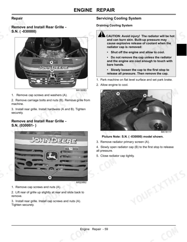 John Deere 777, 797 engine repair manual: procedures for removing rear grille and draining the cooling system.