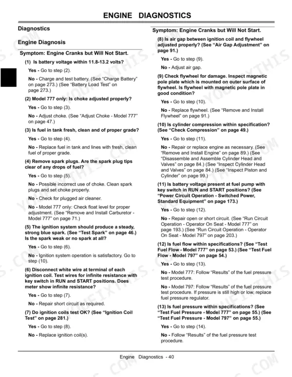John Deere 777, 797 engine diagnostics troubleshooting chart for engine cranks but will not start symptom.