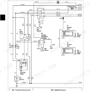John Deere 777, 797 electrical schematic showing starting, ignition, and charging circuits with key switch and starter relay.
