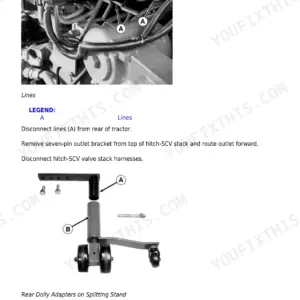 John Deere 8100T, 8200T, 8300T, 8400T, 8110T, 8210T, 8310T, 8410T drive system lines removal and rear dolly adapter splitting stand.