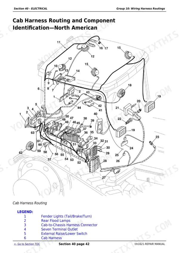 John Deere 8100T-8410T wiring harness routing diagram showing North American cab harness routing, component identification, and electrical connections.