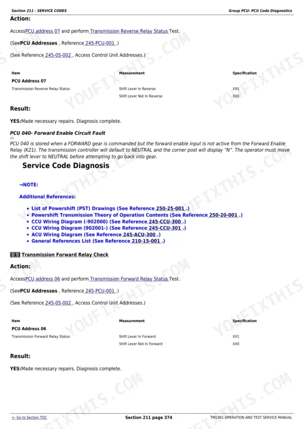 John Deere 8220T transmission service code action page describing the recalibration procedure to run.