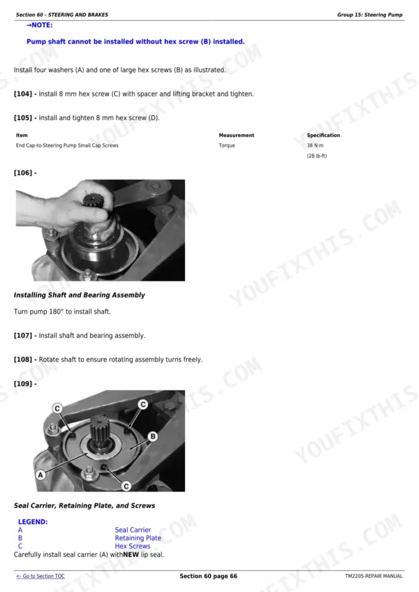 Steering pump service page from the John Deere 8230T to 8430T track tractor repair manual