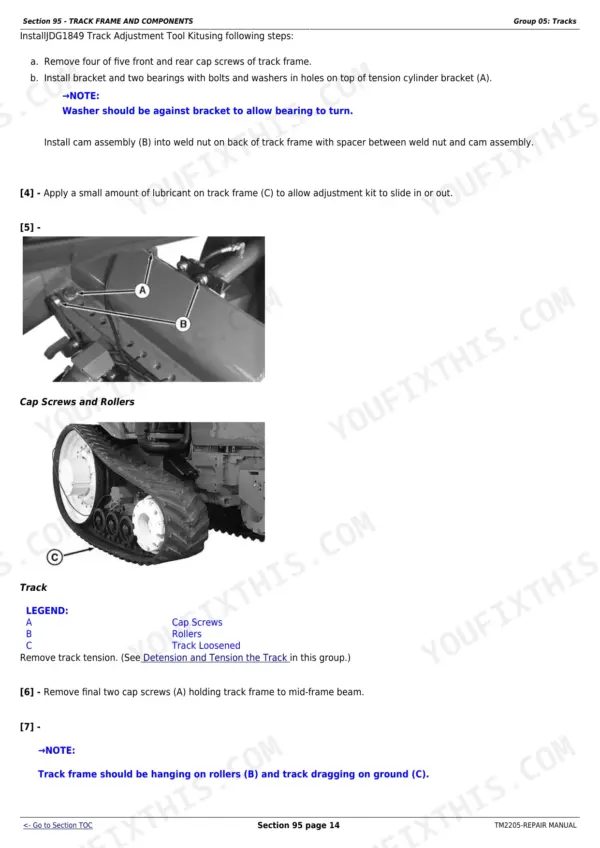 Track and track frame service page from the John Deere 8x30T track tractor repair manual