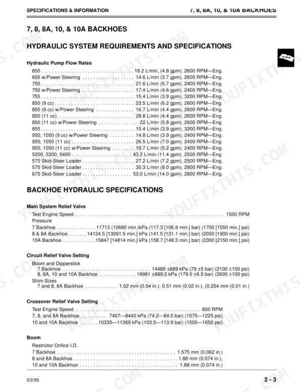 John Deere 8A, 10, 10A, 40, 44, 51, 52, 60, 67, 70, 70A, 365, 375, 380, 380A, 390 hydraulic pump flow and relief valve specifications.